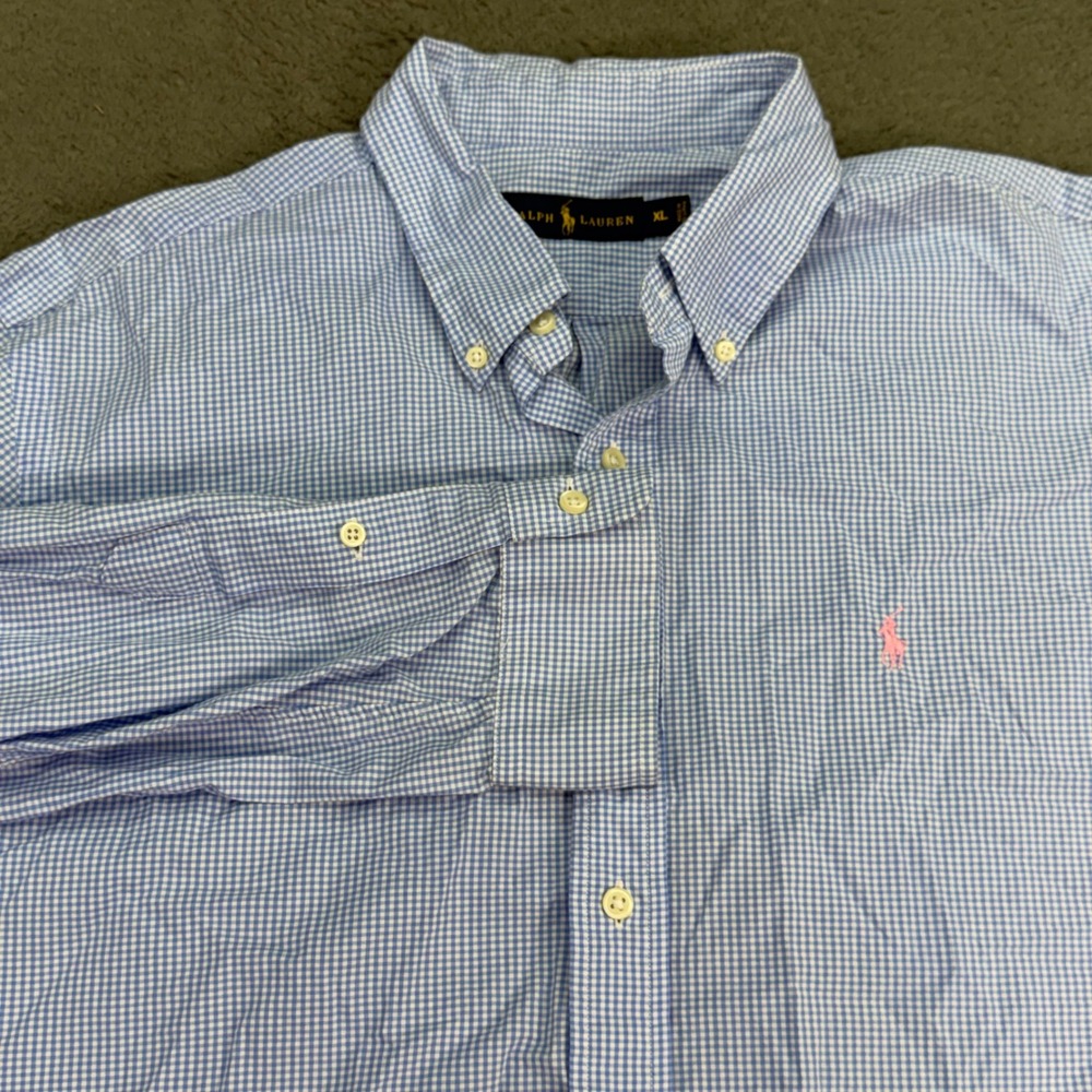 Ralph Lauren Button Down Shirt Mens XL Blue Gingham Check Long Sleeve Logo